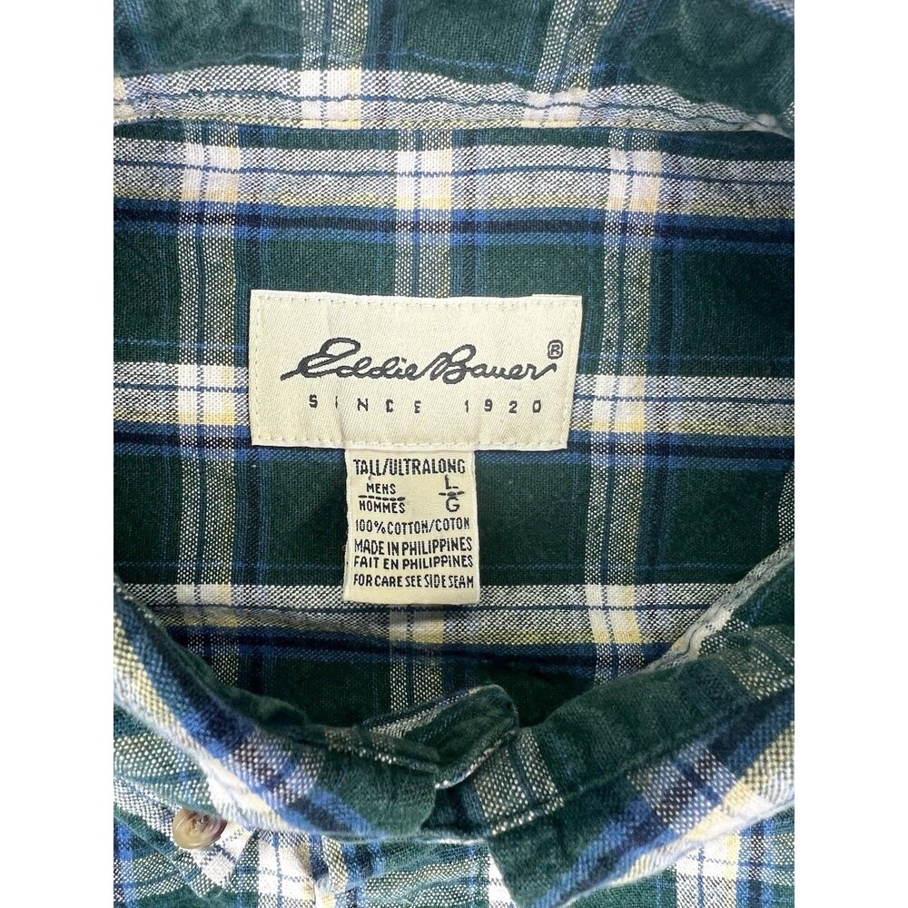 Eddie Bauer Mens L Tall Green Plaid Button Front Shirt 100% Cotton Preppy - Picture 4 of 8